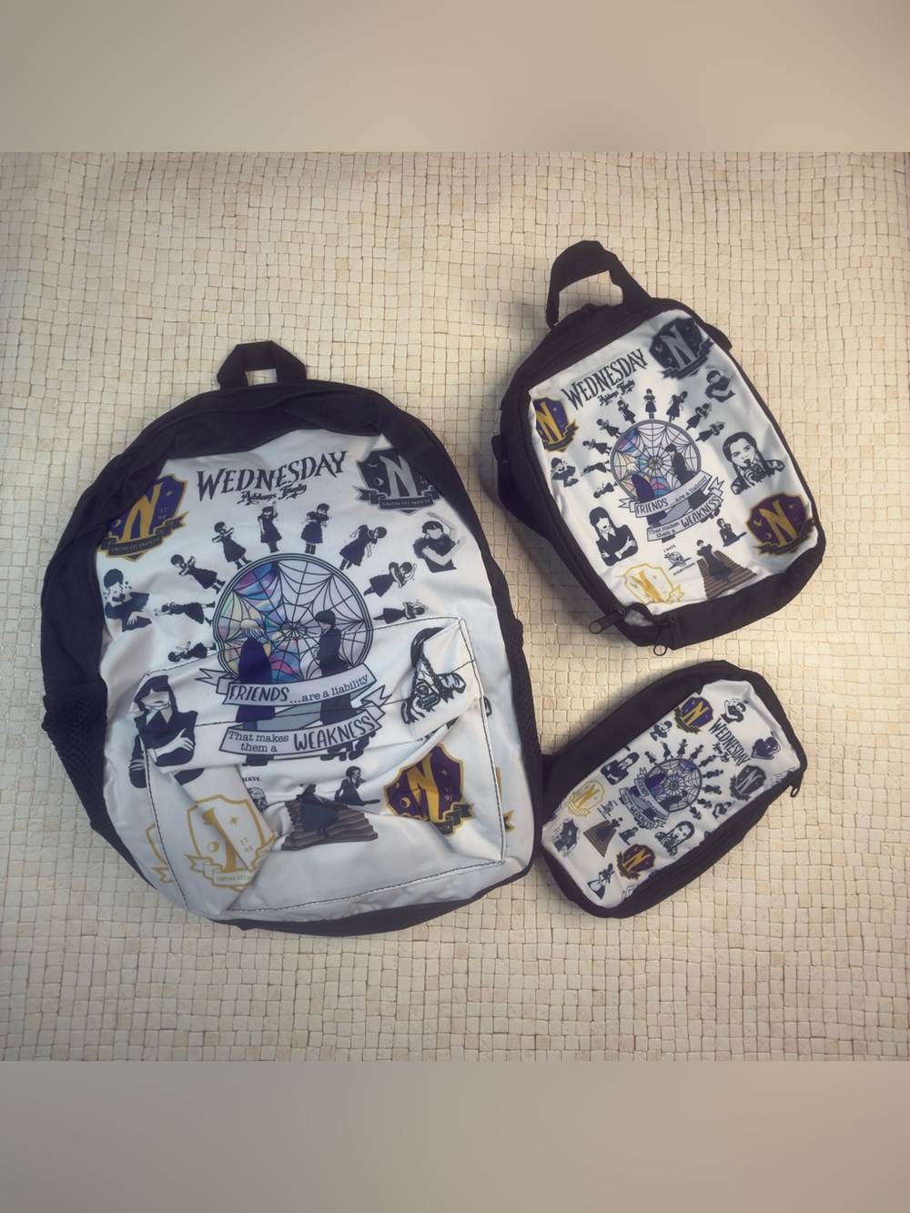 Wednesday Addams 3pc Backpack Set Nevermore Academy Lunch Bag Pencil Case Goth⁠
